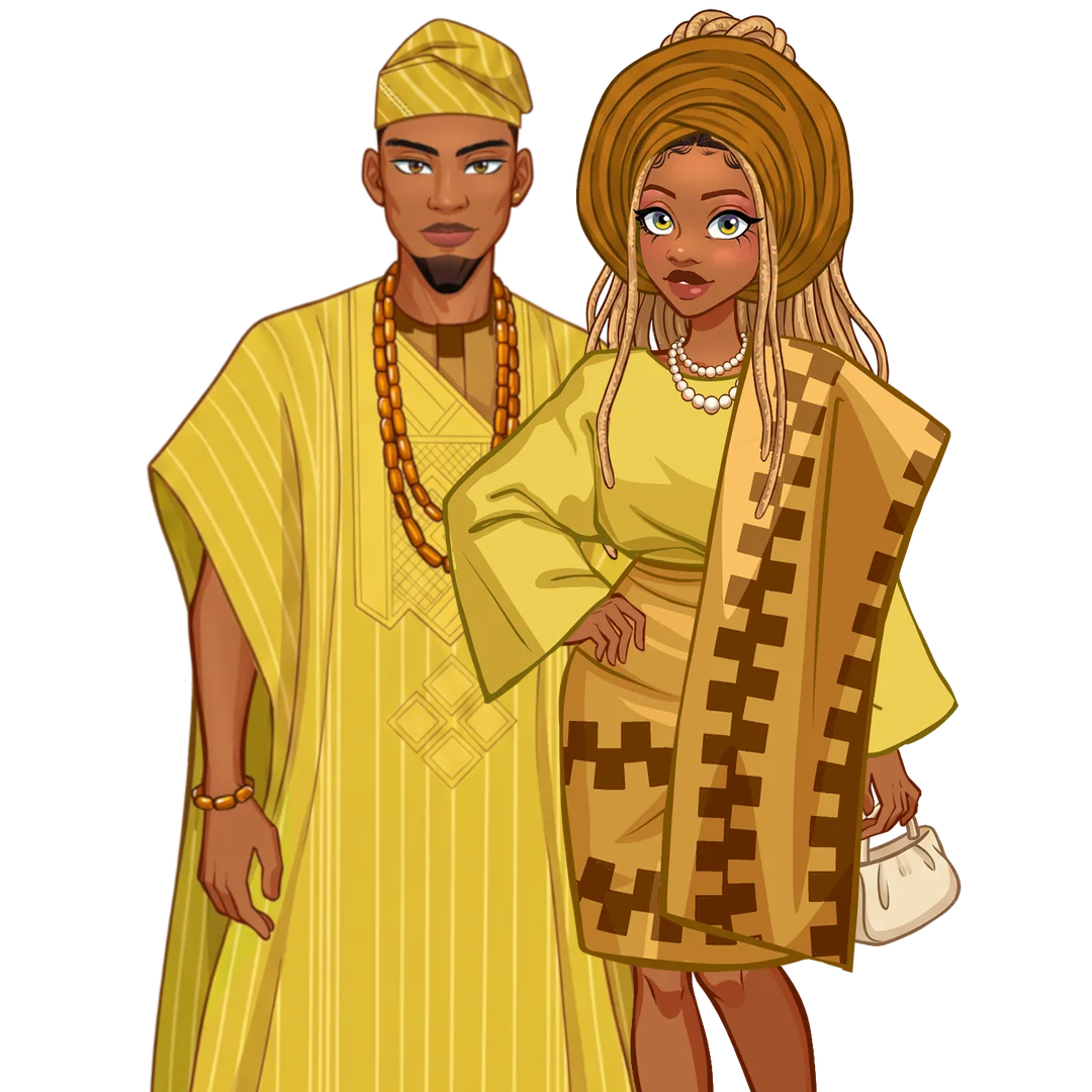 Kewa's Fashion characters in a gold agbada and fila, and a gold aso-oke wrapper and gele